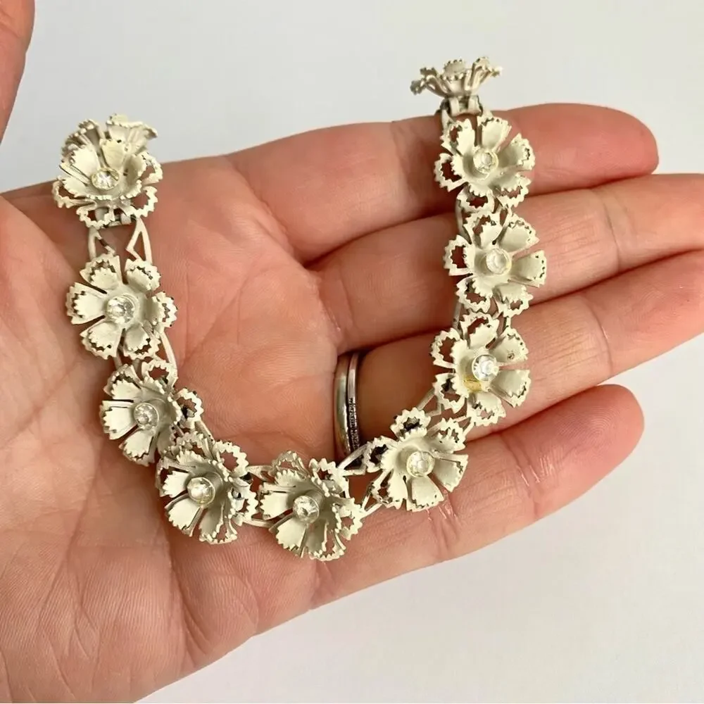 Vintage Floral Necklace Clear Rhinestone Flower Dainty Spring 50s Retro Feminine